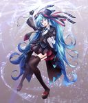  :d absurdly_long_hair ajigo black_footwear black_gloves black_hat black_legwear black_neckwear black_skirt blue_eyes blue_hair bow eyebrows_visible_through_hair floating_hair full_body garter_straps gloves hair_between_eyes hair_ribbon hat hatsune_miku head_tilt high_heels highres holding leaning_back long_hair looking_at_viewer miniskirt necktie open_mouth red_bow ribbon shirt skirt smile solo standing striped thighhighs twintails vertical_stripes very_long_hair vocaloid white_shirt 