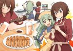  &gt;:) ? ?? absurdres alcohol alternate_costume alternate_hairstyle anchovy apron beer beer_bottle beer_mug blue_dress blush bottle breasts brown_eyes brown_hair casual closed_eyes closed_mouth commentary cooking cropped_legs cup dark_skin dress dumpling food frying_pan girls_und_panzer green_hair hair_ribbon head_scarf highres holding holding_bottle holding_cup hoshikawa_(hoshikawa_gusuku) jiaozi leaf long_hair low-tied_long_hair medium_breasts multiple_girls nishizumi_maho open_mouth outstretched_arm plate red_apron red_shirt ribbon shirt short_hair smile smug sparkle standing stove sweat sweater sweater_dress table tareme television tsurime upper_body v-shaped_eyebrows yellow_apron 
