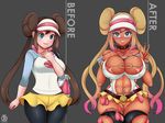  1girl belly bra breasts brown_hair cleavage clothing condom corruption double_bun ganguro hair_bun happy hat insertion long_hair mei_(pokemon) midriff nail_polish pokemon pokemon_(game) pokemon_bw2 pussy revolverwingstudios shorts smile solo tanned tied_hair visor visor_cap 