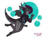  2017 abstract_background ambiguous_gender anthro black_shirt bubble clothing digital_drawing_(artwork) digital_media_(artwork) dragon green_eyes hair horn pants paws plantigrade purple_hair scales scalie seren_duskflare short_hair solo tunanut wings 