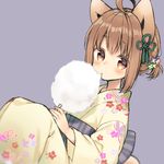  ahoge animal_ears bangs blush brown_eyes brown_hair closed_mouth commentary_request cotton_candy dutch_angle eating eyebrows_visible_through_hair floral_print flower food hair_flower hair_ornament holding holding_food japanese_clothes kimono long_sleeves looking_at_viewer midorikawa_you obi original print_kimono purple_background sash short_twintails simple_background sitting solo twintails wide_sleeves yellow_kimono 