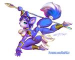  2017 anthro blue_hair blue_nose breasts canine clothing female footwear fox hair headband holding_object inner_ear_fluff krystal mammal multicolored_tail nintendo open_mouth sandals scificat short_hair solo staff star_fox tailband video_games 