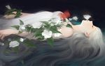  black_background closed_eyes commentary_request dress flower from_side grey_hair long_hair lying on_back original parted_lips plant sleeveless sleeveless_dress solo strapless strapless_dress teiraman very_long_hair vines white_dress 