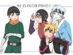  adjusting_eyewear bandages black_hair blonde_hair blue_eyes blue_hair boruto:_naruto_next_generations bowl_cut detached_sleeves forehead_protector funachou_(a27202773) glasses japanese_clothes looking_at_another magnifying_glass metal_lee mitsuki_(naruto) naruto naruto_(series) one_eye_closed pale_skin sleeves_past_wrists smile sweatdrop uchiha_sarada uzumaki_boruto yellow_eyes 