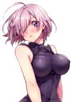  ahoge armor bare_shoulders blush breasts covered_nipples eyes_visible_through_hair fate/grand_order fate_(series) hair_over_one_eye head_tilt lips looking_at_viewer mash_kyrielight medium_breasts parted_lips pink_hair purple_eyes shiny shiny_hair short_hair solo tareme tobidayooon underbust upper_body 