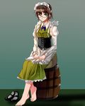  1girl barefoot barrel brown_hair corset feet glasses green_eyes looking_at_viewer maid maid_headdress shoes_removed short_hair sitting toes 