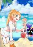  1girl beach blonde_hair braid brother_and_sister cloud cosmog day french_braid gen_7_pokemon gladio_(pokemon) green_eyes hetchhog_tw highres holding lillie_(pokemon) long_hair ocean outdoors outstretched_arm palm_tree pokemon pokemon_(game) pokemon_sm sand sand_castle sand_sculpture sandygast sarong shovel siblings smile starfish swimsuit tree water 