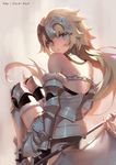  arm_behind_back armor back banner bare_shoulders blonde_hair blue_eyes braid chain character_name copyright_name elbow_pads fate/apocrypha fate_(series) faulds felix_(felix901123) from_behind fur-trimmed_gloves fur-trimmed_legwear fur_trim gauntlets gloves gorget greaves grey_background headpiece highres jeanne_d'arc_(fate) jeanne_d'arc_(fate)_(all) knee_pads leg_armor long_hair looking_at_viewer looking_back parted_lips plackart solo standard_bearer thighhighs very_long_hair zettai_ryouiki 