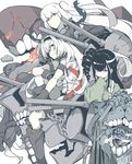  air_defense_hime aircraft_carrier_hime ancient_destroyer_hime bangs black_footwear black_hair boots cannon drill_hair energy gloves hair_over_one_eye hakama hand_to_own_mouth headband hose japanese_clothes kantai_collection knee_up long_hair looking_at_viewer machinery mechanical_parts meiji_schoolgirl_uniform mole mole_under_eye multicolored_hair multiple_girls ninimo_nimo parted_bangs purple_eyes red_eyes shinkaisei-kan side_drill side_ponytail sidelocks sitting standing streaked_hair teeth turret white_hair 