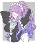  camilla_(fire_emblem_if) cosplay dress felicia_(fire_emblem_if) felicia_(fire_emblem_if)_(cosplay) fire_emblem fire_emblem_if fire_emblem_musou futabako_(htbk) hair_over_one_eye hairband highres long_hair maid maid_cap purple_eyes purple_hair simple_background very_long_hair wavy_hair white_background 