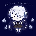  androgynous blue_background character_name chibi gem_uniform_(houseki_no_kuni) ghost_quartz_(houseki_no_kuni) glowing hair_over_one_eye hitodama houseki_no_kuni short_hair_with_long_locks shorts sidelocks simple_background skirt solo suspenders ton_(botibotidana) white_hair white_skirt 