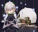  bell black_gloves black_legwear blush boots bow box brown_eyes capelet commentary_request elbow_gloves fate/grand_order fate_(series) fur-trimmed_capelet fur_trim gem gift gift_box gloves hair_bow head_tilt headpiece jeanne_d'arc_(fate)_(all) jeanne_d'arc_alter_santa_lily knees_together_feet_apart leg_hug long_hair looking_at_viewer parted_lips reflection ribbon sack shitada silver_hair sitting solo star striped striped_bow striped_ribbon thighhighs very_long_hair white_capelet white_footwear 
