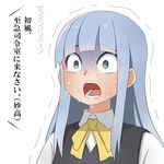  ascot bangs blouse blue_hair blunt_bangs commentary hatsukaze_(kantai_collection) kantai_collection long_hair open_mouth solo straight_hair sweat tears translated trembling uni_(gugurutan) vest white_blouse 