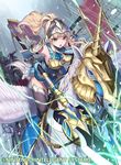  armor blonde_hair blue_gloves clair_(fire_emblem) company_name elbow_gloves fire_emblem fire_emblem_cipher fire_emblem_echoes:_mou_hitori_no_eiyuuou flag gloves helmet kousei_horiguchi lance long_hair open_mouth pegasus pegasus_knight polearm ponytail riding shoulder_armor solo weapon wings yellow_eyes 