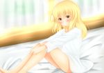  absurdres alternate_costume bed blonde_hair blush commentary highres kirisame_marisa light_frown long_hair long_sleeves looking_at_viewer morning naked_shirt shirt sitting solo touhou unira yellow_eyes 