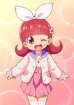  ;d bangs blush collared_shirt commentary_request eyebrows_visible_through_hair fingernails flower hair_flower hair_ornament hair_ribbon head_tilt high-waist_skirt highres jacket jewelpet_(series) jewelpet_magical_change jewelry long_hair long_sleeves looking_at_viewer one_eye_closed open_clothes open_jacket open_mouth outstretched_arms pendant pink_hair pink_jacket pink_ribbon pleated_skirt red_eyes red_hair ribbon ruby_(jewelpet) sakurabe_notosu shirt skirt sleeves_past_wrists smile solo thighhighs white_legwear yellow_shirt 