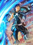  armor asymmetrical_sleeves blue_eyes blue_hair cape clenched_teeth company_connection copyright_name faceless faceless_male falchion_(fire_emblem) fire_emblem fire_emblem:_kakusei fire_emblem_cipher gloves glowing glowing_weapon helmet holding holding_sword holding_weapon horned_helmet kita_senri krom male_focus multiple_boys official_art outdoors parted_lips sheath short_hair shoulder_armor solo_focus sword teeth weapon 