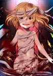  :d absurdres bandages blonde_hair blood blush breasts covered_nipples cowboy_shot crystal fangs flandre_scarlet highres long_hair looking_at_viewer miri_(miri0xl) naked_bandage open_mouth red_eyes side_ponytail small_breasts smile solo touhou vampire wings 
