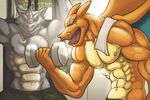  abs band-aid bandage biceps bogrim charizard clothed clothing duo exercise fangs flexing gym horn looking_at_viewer male muscular navel nintendo nipples pecs pok&eacute;mon pok&eacute;mon_(species) reptile rhydon scales scalie scar sweat topless triceps vein veiny_muscles video_games wings workout 