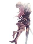  1girl ahoge bare_shoulders belt closed_eyes detached_sleeves father_and_daughter fingerless_gloves fire_emblem fire_emblem_if gloves hairband headband hug kmkr knee_pads lazward_(fire_emblem_if) long_hair open_mouth pink_hair smile soleil_(fire_emblem_if) sword thighhighs weapon 