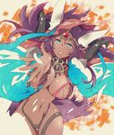  animal_ears aqua_eyes breasts cleavage dark_skin ears_through_headwear fate/grand_order fate_(series) hood horns ichizen_(o_tori) jewelry large_breasts long_hair navel purple_hair queen_of_sheba_(fate/grand_order) reaching_out solo 