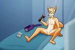  anthro bed canine confusion english_text featureless_crotch fur jasentamiia male mammal nude on_bed orange_fur penetrable_sex_toy sex_toy solo text white_fur 
