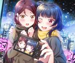  ;d backlighting bangs blue_hair blunt_bangs blush brown_coat brown_eyes building camera city coat eyebrows_visible_through_hair foreshortening green_scarf hair_ornament hairclip hand_on_another's_shoulder hands hands_up highlights highres holding holding_camera long_hair long_sleeves love_live! love_live!_sunshine!! multicolored_hair multiple_girls night night_sky one_eye_closed open_mouth railing red_hair round_teeth sakurauchi_riko scarf self_shot side_bun sky smile star_(sky) starry_sky tareme tassel teeth tipii tsushima_yoshiko upper_body very_long_hair yellow_eyes yellow_scarf 