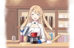  ^_^ animal_ears bangs book bunny_ears cafe closed_eyes coffee commentary counter cup extra_ears eyebrows_visible_through_hair light_brown_hair long_hair long_sleeves open_mouth original poco_(asahi_age) pouring shelf smile solo wing_collar 