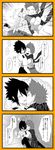  2boys 4koma absurdres against_wall amajiki_tamaki belt belt_buckle blush boku_no_hero_academia buckle closed_eyes collared_shirt comic commentary_request dagger dual_wielding fur-trimmed_sleeves fur_trim heart highres holding hug kirishima_eijirou kiss long_sleeves looking_at_viewer male_focus mst_(mitumst) multiple_boys muscle necktie nose_blush open_mouth scarf sharp_teeth shirt short_sleeves sitting speech_bubble spiked_hair teeth translation_request wavy_mouth weapon wing_collar yaoi 