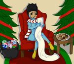  anthro avian bird blue_skin bubble cauldron chair christmas christmas_tree clothed clothing coal cookie demon festive food footwear fudge gift headgear holidays jug list mererna partially_clothed scarf sitting thatcatzoey tree 