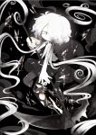  1other alternate_costume androgynous breaking broken cairngorm_(houseki_no_kuni) chibi dark_background eyeball gem ghost_quartz_(houseki_no_kuni) grey_eyes hair_over_one_eye houseki_no_kuni looking_at_viewer pantyhose scythe see-through_sleeves shards short_hair_with_long_locks skirt smile weapon white_hair 