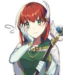  bad_id bad_twitter_id blush breasts capelet elbow_gloves fire_emblem fire_emblem:_rekka_no_ken fire_emblem_heroes gloves green_eyes holding holding_staff large_breasts looking_at_viewer priscilla_(fire_emblem) red_hair short_hair solo staff sweatdrop tdob_mk2 white_capelet white_gloves winged_hair_ornament 