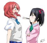  black_hair blazer blush cardigan crossed_arms food from_side jacket looking_at_another love_live! love_live!_school_idol_project mouth_hold multiple_girls nishikino_maki open_mouth otonokizaka_school_uniform pocky red_hair school_uniform short_hair sweat takeya_yuuki twintails upper_body yazawa_nico yuri 