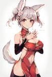  animal_ears bangs bare_shoulders black_gloves black_legwear blunt_bangs breasts bright_pupils china_dress chinese_clothes cleavage closed_mouth cowboy_shot double_bun dress flower fox_ears fox_tail gloves hair_flower hair_ornament highres large_breasts looking_at_viewer navel navel_cutout o-ring original oyu_(sijimisizimi) red_dress red_eyes silver_hair simple_background smile solo steepled_fingers tail thighhighs twitter_username white_background 