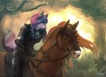  2017 anthro armor braided_hair breasts brown_hair canine clothed clothing day detailed_background digital_media_(artwork) dog duo equine feral forest hair horse kardie mammal outside purple_hair riding saddle tree 