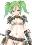  armor ass_visible_through_thighs bangs belt bikini bikini_day black_gloves blue_bikini blush breasts closed_mouth commentary_request contrapposto cowboy_shot ebifly eyebrows_visible_through_hair fang fang_out faulds gauntlets gloves gorget green_eyes green_hair hair_between_eyes holding holding_weapon looking_at_viewer medium_breasts navel pointy_ears raichi_(sennen_sensou_aigis) sennen_sensou_aigis short_hair shoulder_armor simple_background smile solo spaulders standing striped striped_bikini swimsuit twintails weapon white_background 