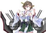  bare_shoulders blue_eyes brown_hair cannon detached_sleeves flipped_hair green_skirt headgear hiei_(kantai_collection) japanese_clothes kantai_collection nontraditional_miko plaid plaid_skirt remodel_(kantai_collection) ribbon-trimmed_sleeves ribbon_trim rigging short_hair simple_background skirt solo turret white_background yatsu_seisakusho 