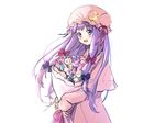  :d bad_id bad_twitter_id bangs blue_ribbon blush bouquet crescent crescent_moon_pin dress eyebrows_visible_through_hair fingernails flower hair_ribbon hat highres holding holding_bouquet long_hair long_sleeves looking_at_viewer mob_cap open_mouth patchouli_knowledge pink_dress pink_hat purple_eyes purple_hair red_ribbon ribbon simple_background smile solo standing touhou tress_ribbon upper_body vanilla_(miotanntann) white_background 