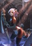  anthro clothed clothing detailed_background ear_piercing female kardie looking_at_viewer makeup mammal mascara melee_weapon partially_submerged piercing red_panda skimpy solo standing sword weapon 