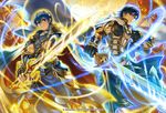  armor boots cape commentary_request company_name copyright_name falchion_(fire_emblem) fingerless_gloves fire_emblem fire_emblem:_kakusei fire_emblem:_monshou_no_nazo fire_emblem_cipher gauntlets gloves glowing glowing_weapon holding holding_sword holding_weapon jewelry kita_senri knee_boots krom looking_at_viewer looking_back marth monster multiple_boys official_art pants pauldrons short_sleeves shoulder_armor smile sword tiara weapon 