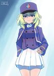  absurdres aomushi_(mushamusha) arm_behind_back artist_name bangs bc_freedom_(emblem) bc_freedom_military_uniform blonde_hair blue_background blue_eyes blue_hat blue_jacket blue_vest closed_mouth cowboy_shot dated emblem eyebrows_visible_through_hair girls_und_panzer girls_und_panzer_saishuushou hand_on_hip hat high_collar highres jacket long_hair long_sleeves looking_at_viewer military military_hat military_uniform miniskirt oshida_(girls_und_panzer) pleated_skirt shako_cap shirt signature skirt smirk standing uniform vest white_shirt white_skirt 