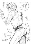  against_wall arched_back ass briefs dress_shirt english fuge_(tengaramon) gloves greyscale heshikiri_hasebe highres long_sleeves looking_at_viewer looking_back male_focus male_underwear monochrome shirt solo touken_ranbu underwear 