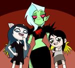  2017 5_fingers alien anthro black_hair cat claire_(the_summoning) clothing digital_media_(artwork) dress dylan_beekler eyeshadow feline female flowerimh freckles fur golan_the_insatiable green_eyes green_skin group hair hi_res human laugh light_skin long_hair looking_at_viewer looking_down lord_dominator makeup mammal midriff mocking red_sclera simple_background slit_pupils smile spikes the_summoning wander_over_yonder white_fur white_hair young 