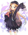 :o abigail_williams_(fate/grand_order) arm_up bangs black_bow black_dress black_hat blonde_hair bloomers blue_eyes blue_hair bow bug butterfly dress eyebrows_visible_through_hair fate/grand_order fate_(series) forehead gradient_hair hair_bow hat highres insect long_hair long_sleeves looking_at_viewer mokyu multicolored_hair object_hug orange_bow parted_bangs parted_lips polka_dot polka_dot_bow sleeves_past_fingers sleeves_past_wrists solo stuffed_animal stuffed_toy teddy_bear underwear very_long_hair white_bloomers 