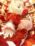  aestus_domus_aurea ahoge artist_name blonde_hair breasts dress dyolf epaulettes fate/extra fate_(series) flower green_eyes hair_intakes large_breasts nero_claudius_(fate) nero_claudius_(fate)_(all) outstretched_arm petals puffy_sleeves red_dress red_flower red_rose rose smelling_flower solo 