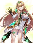  absurdres armor badluck blonde_hair breasts dress fingerless_gloves gloves green_eyes highres hikari_(xenoblade_2) large_breasts long_hair looking_at_viewer md5_mismatch smile solo white_background xenoblade_(series) xenoblade_2 yellow_eyes 