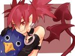  bare_shoulders black_gloves choker commentary_request demon_tail disgaea disgaea_d2 etna gloves hand_on_another's_head jewelry looking_at_viewer pointy_ears prinny rabbitseijin red_eyes red_hair sweat tail twintails wings 