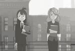  alternate_costume artist_request blurry business_suit city commentary_request depth_of_field diana_cavendish file formal greyscale kagari_atsuko little_witch_academia monochrome multiple_girls office_lady paperman_(disney) parody suit 