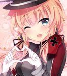  blonde_hair blue_eyes blush gloves hat ichiyou_moka kantai_collection long_hair long_sleeves low_twintails military military_uniform one_eye_closed open_mouth peaked_cap prinz_eugen_(kantai_collection) smile solo twintails twitter_username uniform white_gloves 