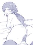  :d ass blush breasts deyuuku from_behind greyscale hair_ornament hair_scrunchie large_breasts long_hair looking_at_viewer looking_back love_live! love_live!_school_idol_project lying monochrome no_bra on_bed on_stomach open_mouth panties scrunchie smile solo sweat thighhighs topless toujou_nozomi twintails underwear underwear_only 